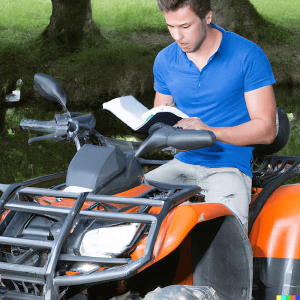 An ATV Rider is reading a manual on his ATV about how to prevent ATV accidents
